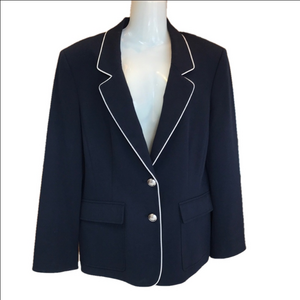 Tahari ASL Tailored Navy Lined Blazer with White Trim Women's Sz. 14 Petite EUC